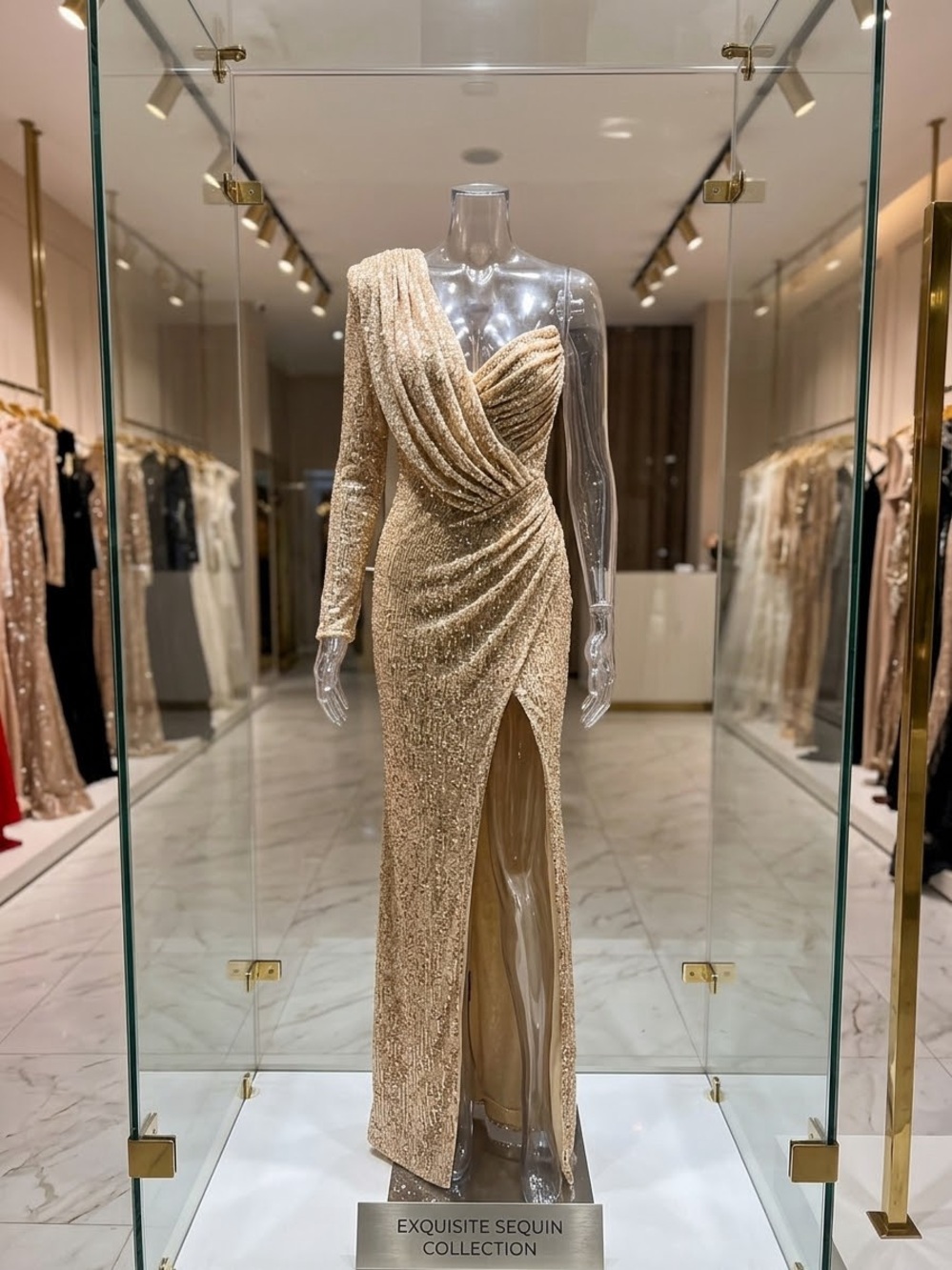 Exquisite One-Shoulder Sequin Evening Dress in Gold